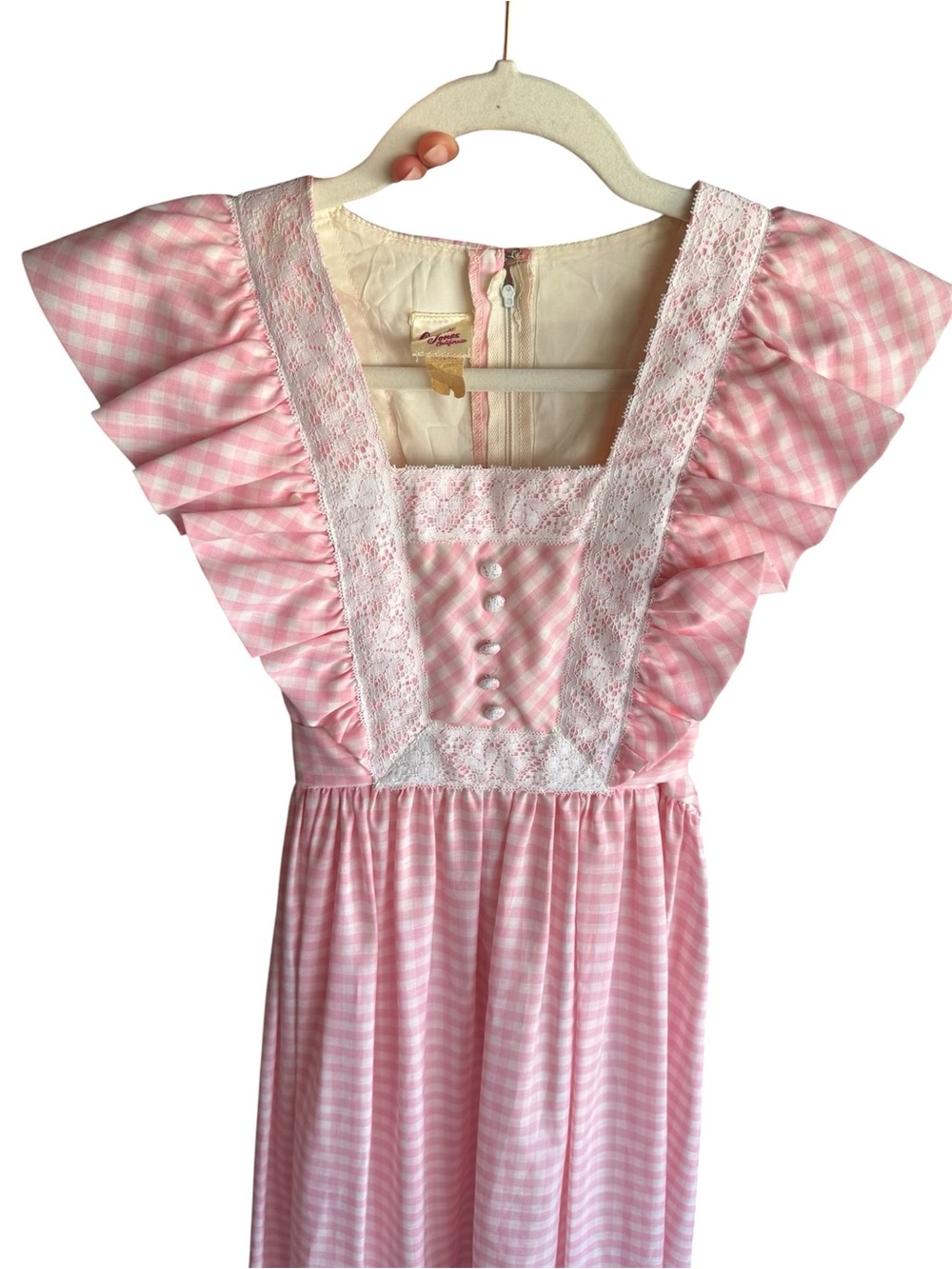 70s Vintage Romantic Pink Gingham Maxi Dress with Lace Trim Women’s Size Small.